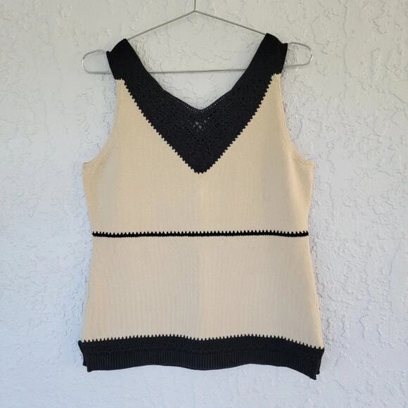Per Se by Carlisle Sleeveless Blouse Beige Black Crochet Trim Women Size M - Picture 6 of 12
